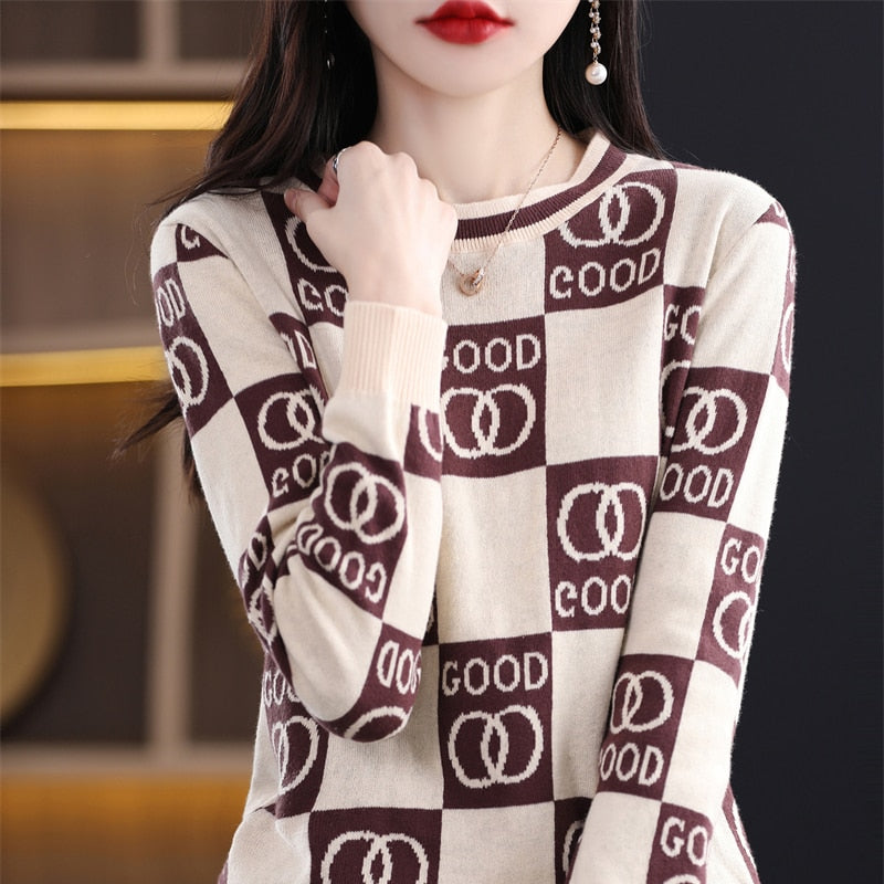 Sweater Women Cotton Round Neck Pullover Loose Long-Sleeved Ladies Top Knit Bottoming Shirt