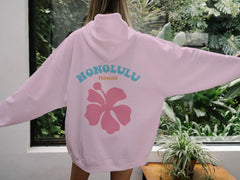 Honolulu Hawaii Pink Flower Design Hoodie For Woemn Fashion Street Style Pullover