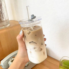 Square Glass Cup with Lid and Straw Heat Resistant for Juice