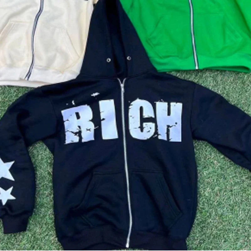 Y2k Vintage Printed Zip Up Hoodies Women Casual Loose Gothic Trend Tops