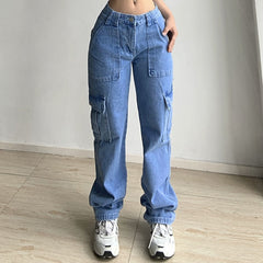 Women's Straight Leg Cargo Jeans with Multiple Pockets Ideal for Summer