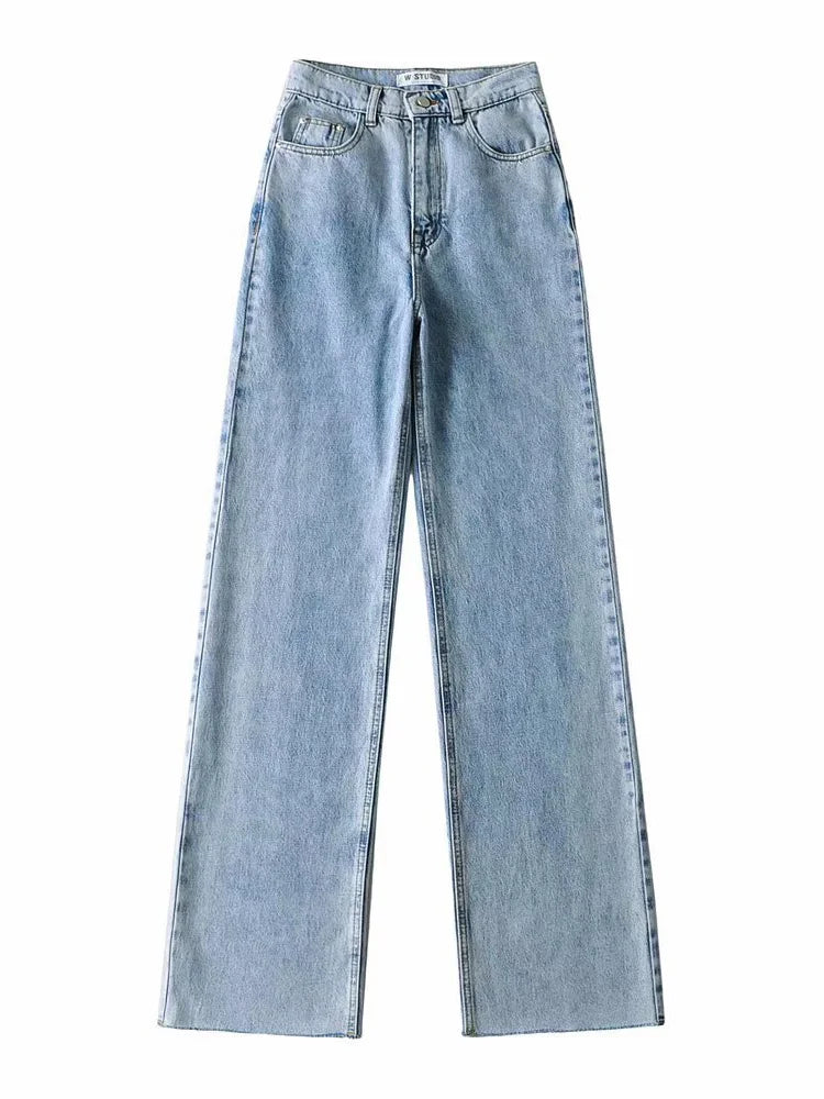 Straight Jeans Women High Waist Streetwear Light Blue Denim Pants Ladies Wide Leg