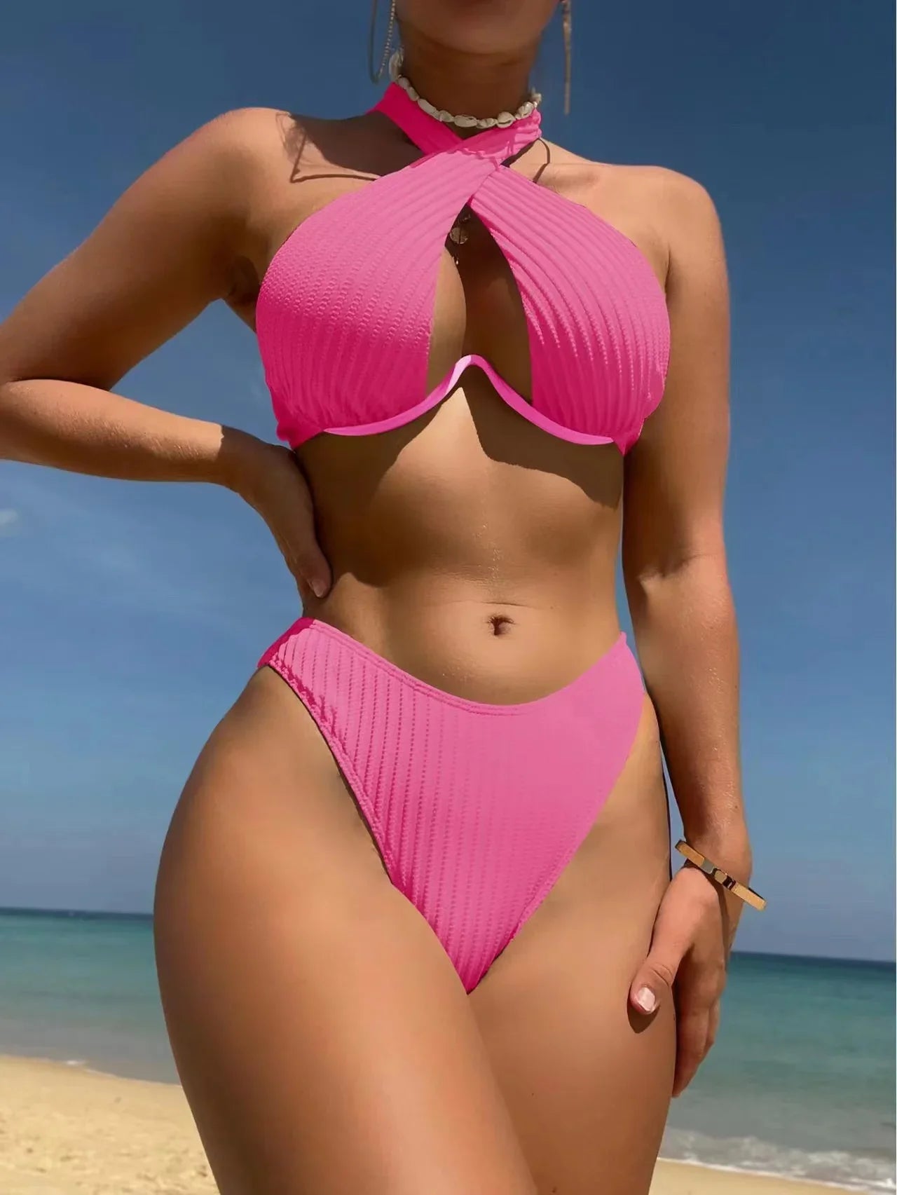 2024 New Sexy Halter Cross Bikini Set Swimwear Women