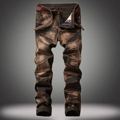 Casual Mid-rise Coated Slim Straight Pleated Biker Jeans Pants