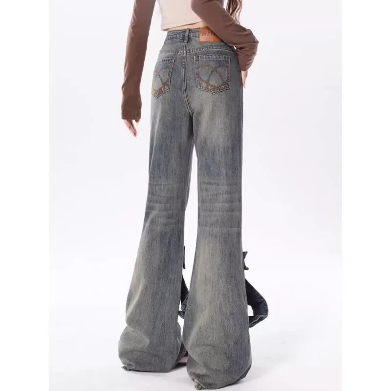 Y2k Vintage Flare Jeans Women Bow Patchwork Korean Streetwear Baddies Denim