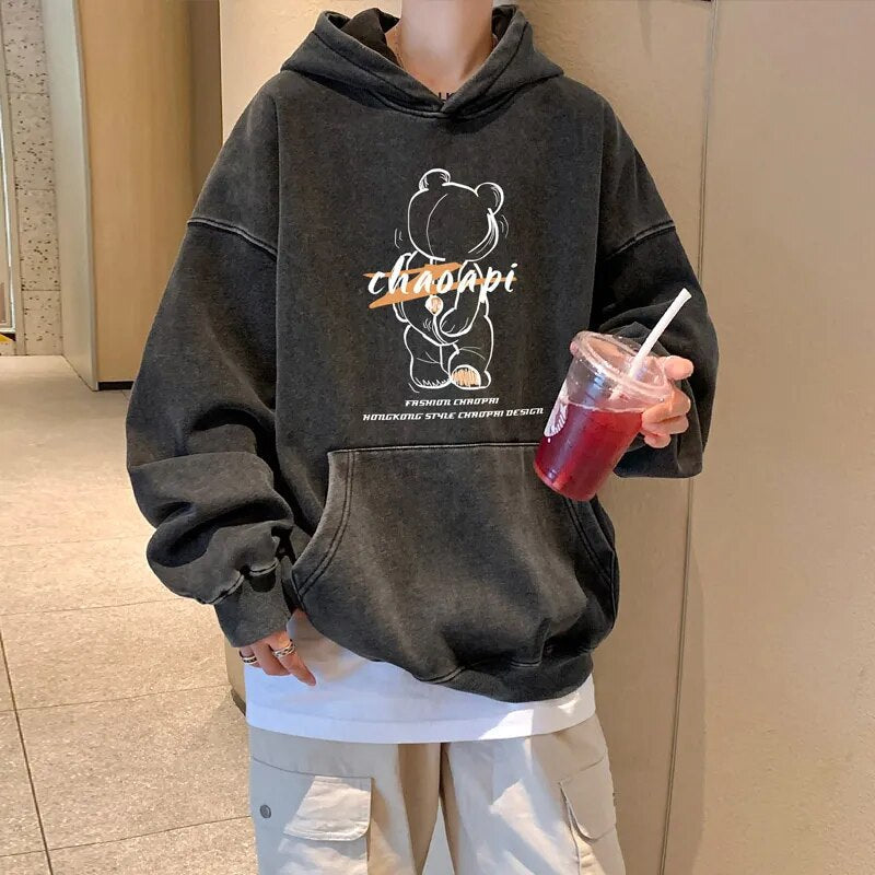 Autumn Punk Style Long Sleeve Men Hoodie with Bear Print Design