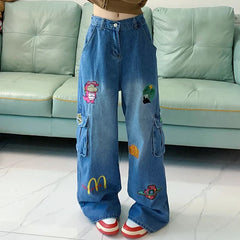 Cartoon Baggy Cargo Jeans for Women 2024 Spring Waist Slimming
