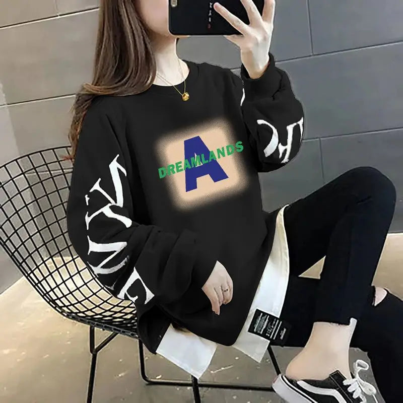 Printed Spliced Fake Two Pieces Sweatshirts 2024 Autumn Winter Loose