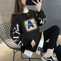 Printed Spliced Fake Two Pieces Sweatshirts 2024 Autumn Winter Loose