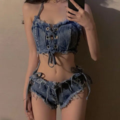 Blue Denim Bikinis Set Female Beach Vacation Low Rise Strap Split