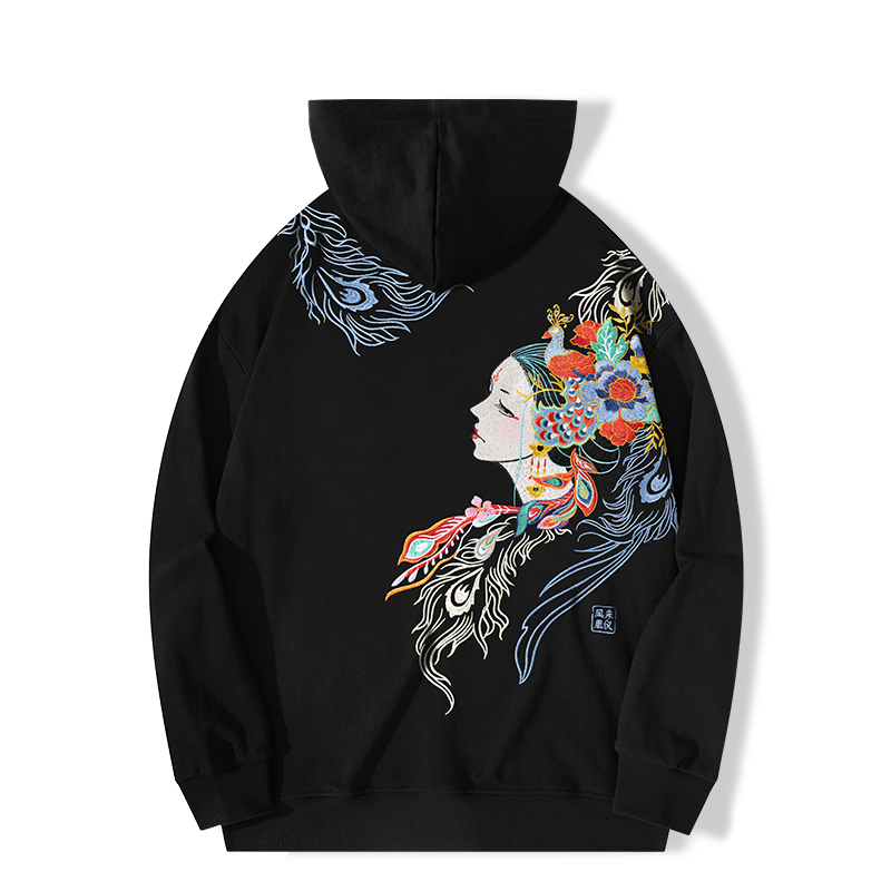 Pullover Harajuku Vintage Hoodies with Embroidered Peacock Wing for Men Cotton Designer Style