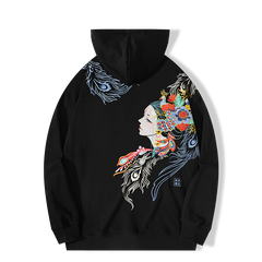 Pullover Harajuku Vintage Hoodies with Embroidered Peacock Wing for Men Cotton Designer Style