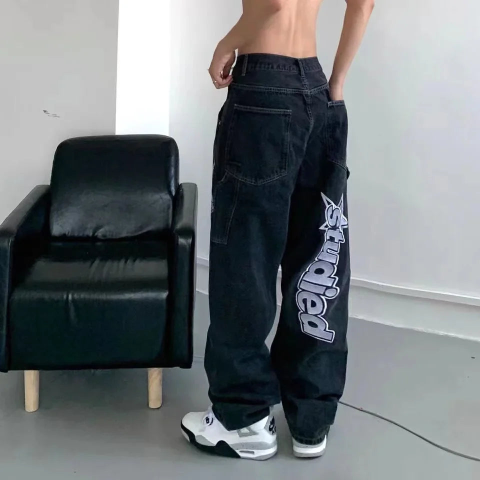 Men's Retro Y2K Black Denim Jeans Hip-Hop Loose Fit
