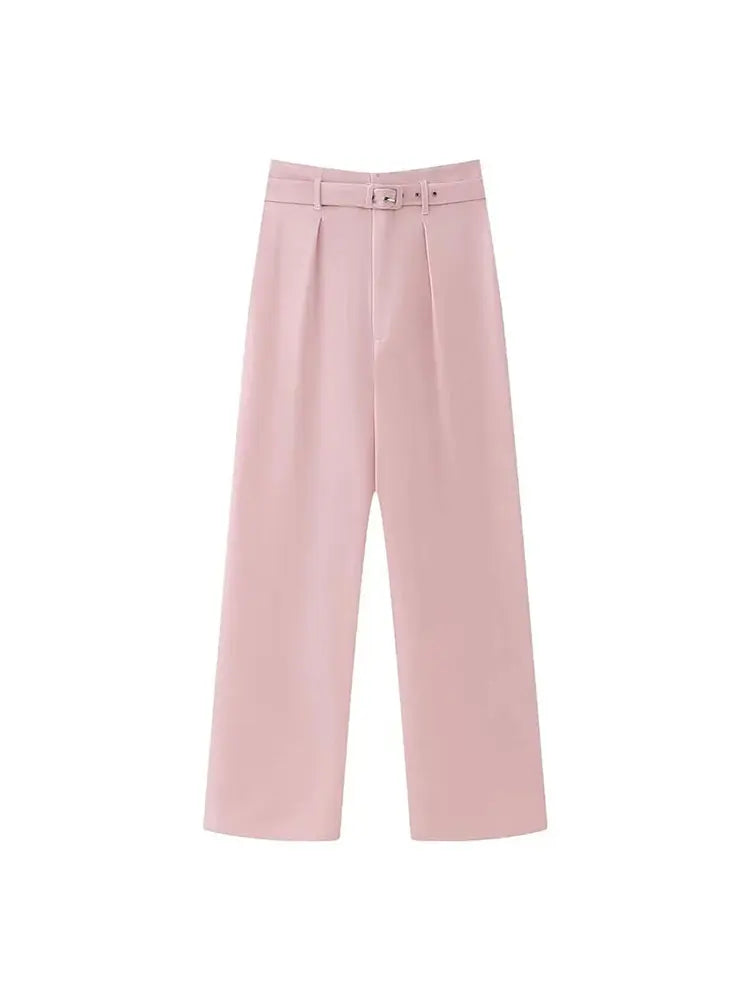 Spring New Pink Woman's Trousers Chic Solid High Waist Long Pants