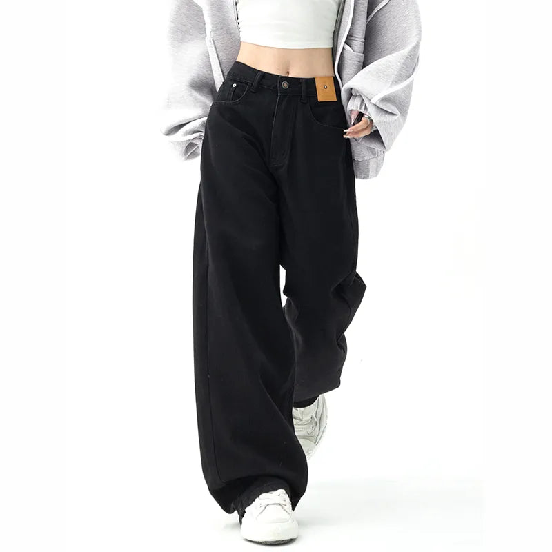 Black Baggy Straight Jeans Women Korean Fashion Streetwear High Waist Wide Leg Loose