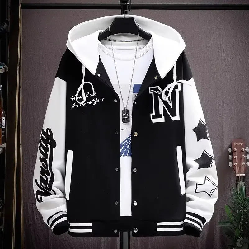 Men's Korean Hooded Baseball Jacket - Harajuku High Street Style, Autumn Teen Fashion, Quality Button-Up