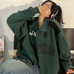 Letter Print Zipper Jacket Women American Women Oversized Korean Casual