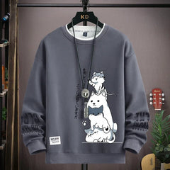 Autumn Men's Sweatshirt Japan Cartoon Cat Printed Top Harajuku Casual