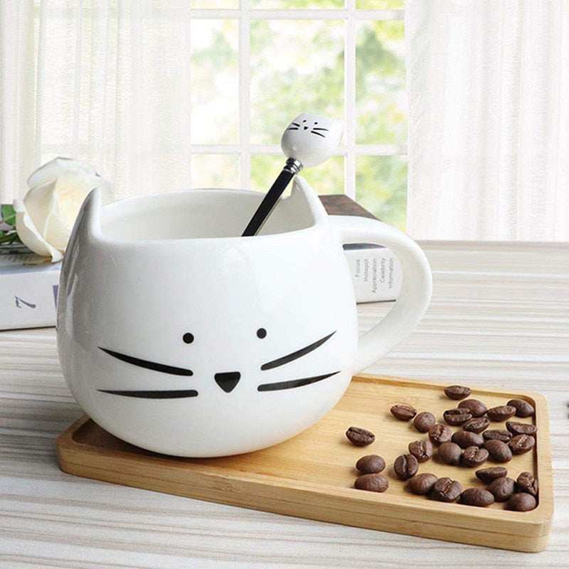 Cartoon Cat Mugs Coffee Cups with Stirring Spoon Black White Ceramic