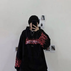 Retro Flame Print Hoodies Women Autumn Tops