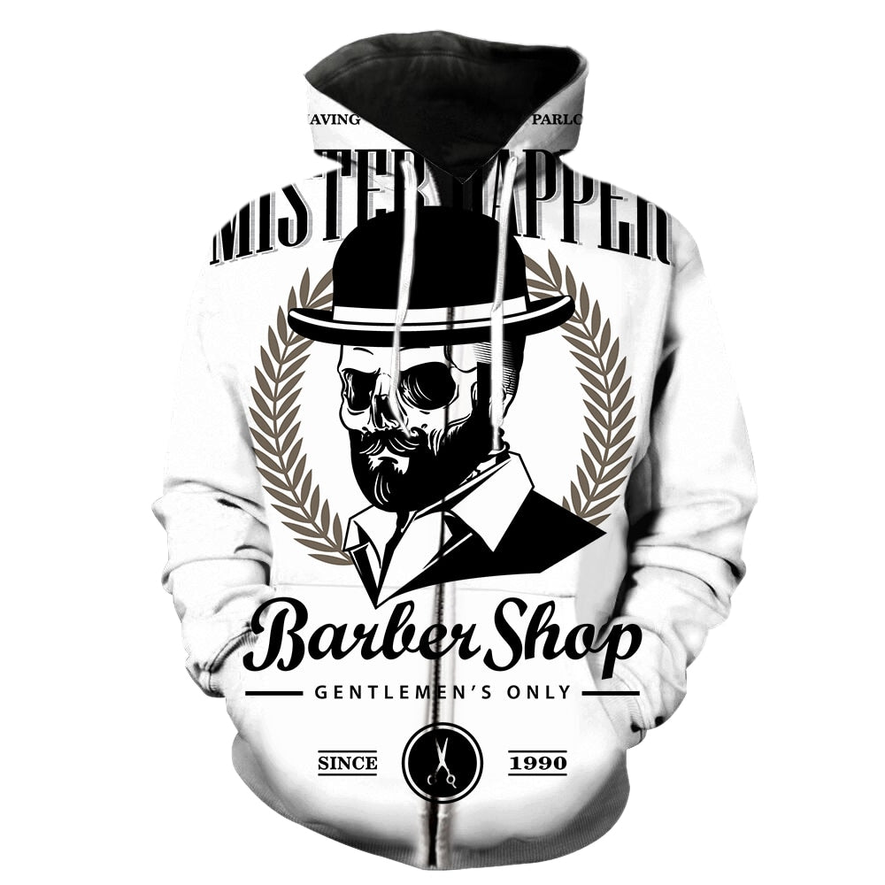 Cartoon Skull Barber Zipper Hoodie 3D Printed Funny Fashion Harajuku Top Hot Sale