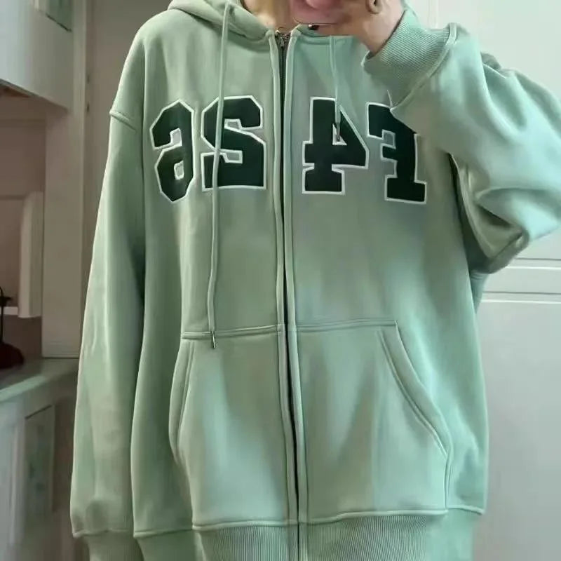 Zip Up Casual Hoodies Women Fleece Letter Print