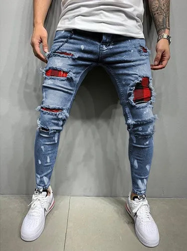 Streetwear Paneled Ripped Casual Denim Pants Popular Zipper