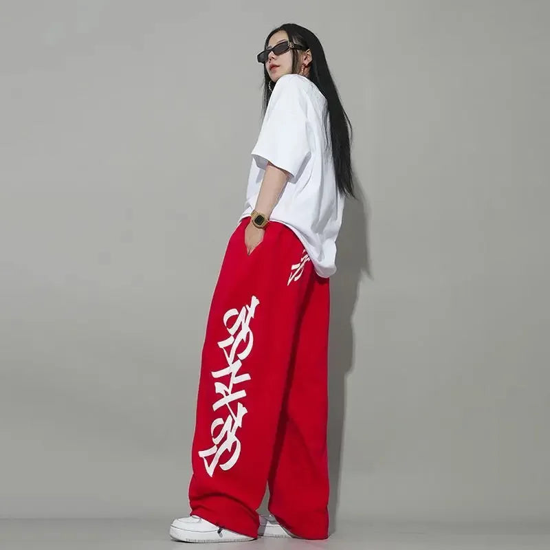 Street Alphabet Red Loose Straight Drawstring Mopping Casual Pants Jazz Dance