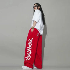 Street Alphabet Red Loose Straight Drawstring Mopping Casual Pants Jazz Dance