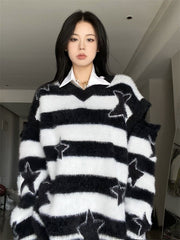 Punk Gothic  Furry Knitted Sweaters Y2K Streetwear Loose Hollow Out Detachable Pullovers Harajuku