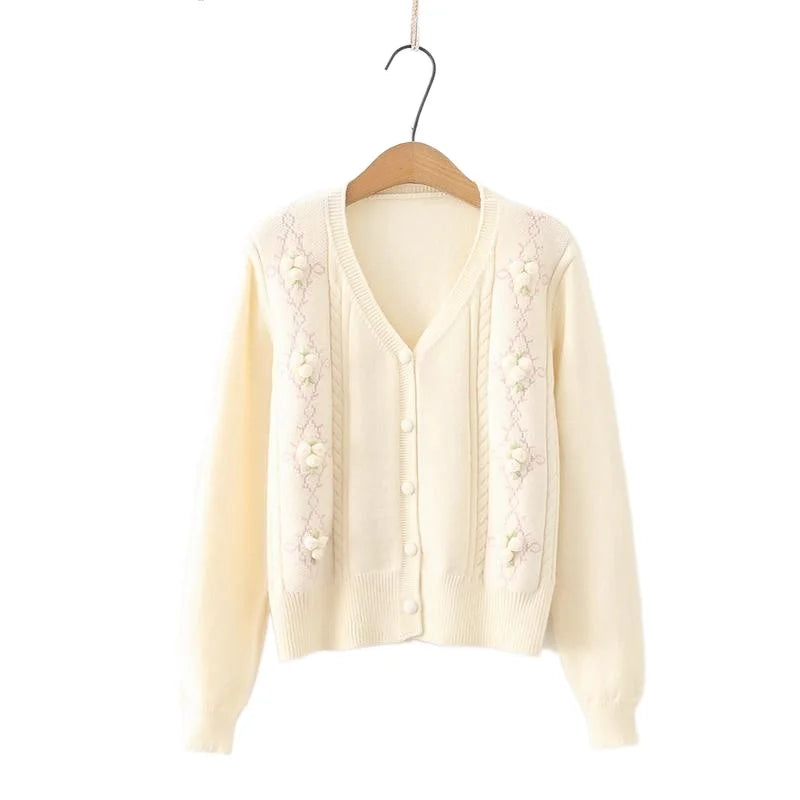 2023 Autumn Women's Floral Embroidered Cardigan: V-Neck Chic Sweater