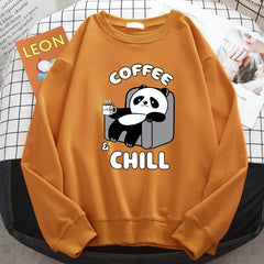 CCoffee And Chill Kawaii Panda Print Hoodie Soft Fleece Pullover Loose Warm