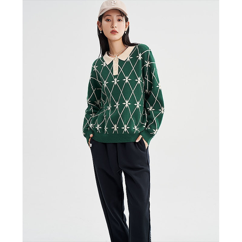 Sweaters woman Long Sleeves Polo Neck with  Green Casual Chic Tops