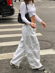 Sweatpants White Loose Drawstring Low Waist Streetwear Cargo Pants