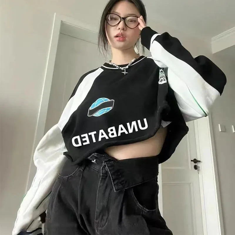 Y2K Letter Print Crop Sweatshirt Women Spring Fashion Patchwork Hoodie