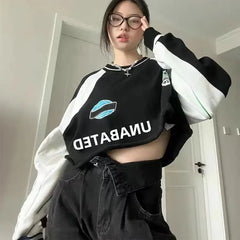 Y2K Letter Print Crop Sweatshirt Women Spring Fashion Patchwork Hoodie