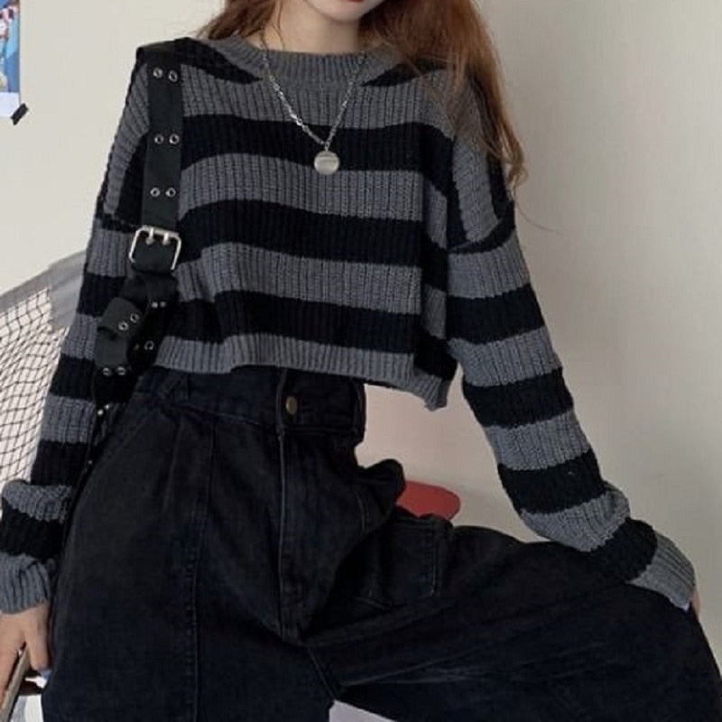 Sweater Korean Style Women Vintage Oversize Long Sleeve O-neck Pullovers Tops