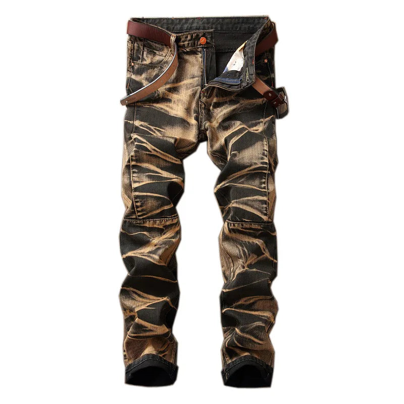 Casual Mid-rise Coated Slim Straight Pleated Biker Jeans Pants