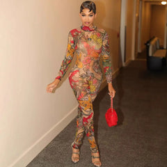 A Print Long Sleeve Mesh  Jumpsuit