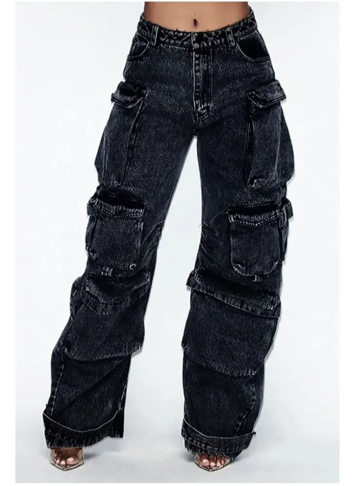 Y2K Plus-Size Tooling Jeans American Trend Multi-Pocket Straight and Loose Fit