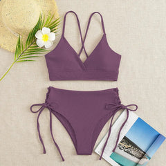 Cikini V-Neck Lace Up Bikini - Solid Color Swimwear