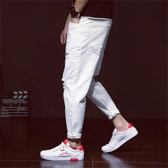 Ripped White Denim Distressed Mens Pants Cowboy Holes