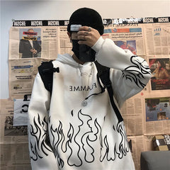 Retro Flame Print Hoodies Women Autumn Tops