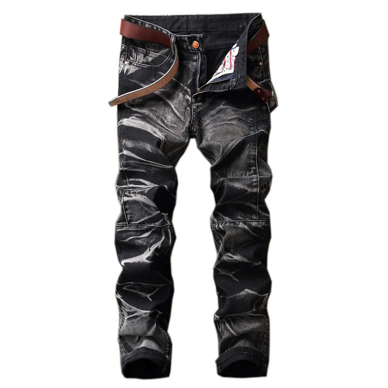 Casual Mid-rise Coated Slim Straight Pleated Biker Jeans Pants