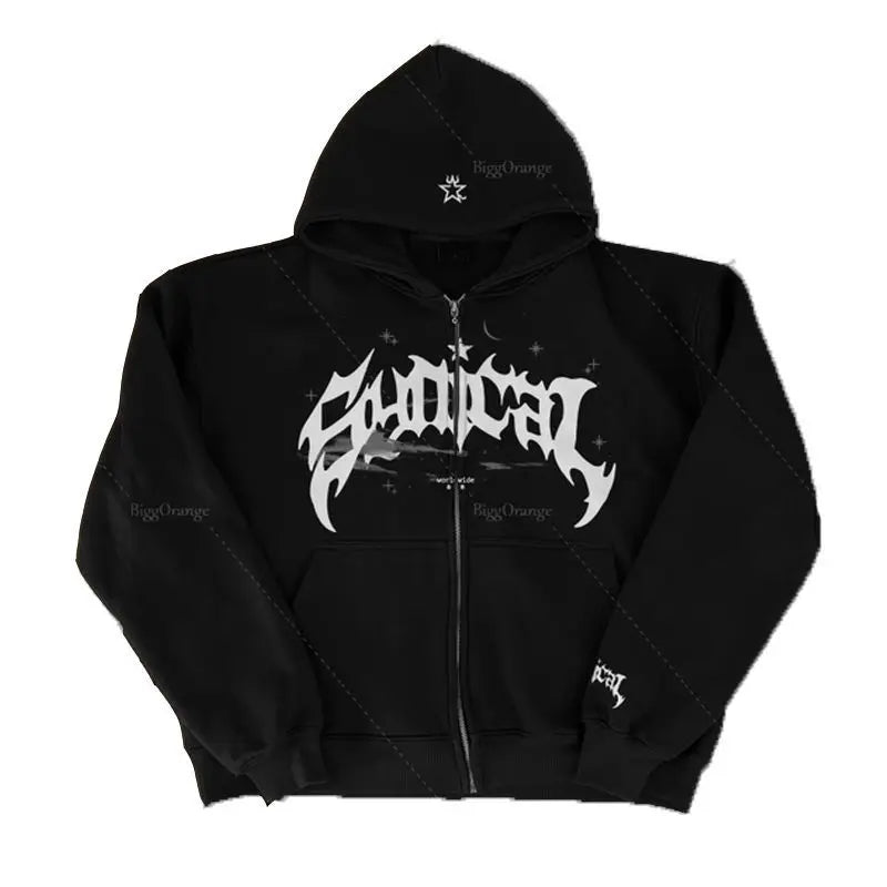 Y2K Zipper Hip Hop Letter Print Oversized Hooded Sweatshirt 2024 New Harajuku