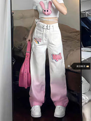 Street Hip Hop American Retro Gradient Pink Jeans High Waist Zipper Button Pocket