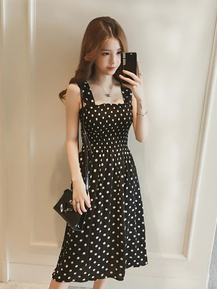 2024 Summer Befree Beach Long Vintage Dots Casual Ruffles Elegant Maxi Strap Camis