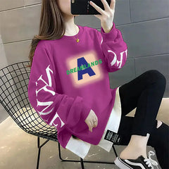 Printed Spliced Fake Two Pieces Sweatshirts 2024 Autumn Winter Loose