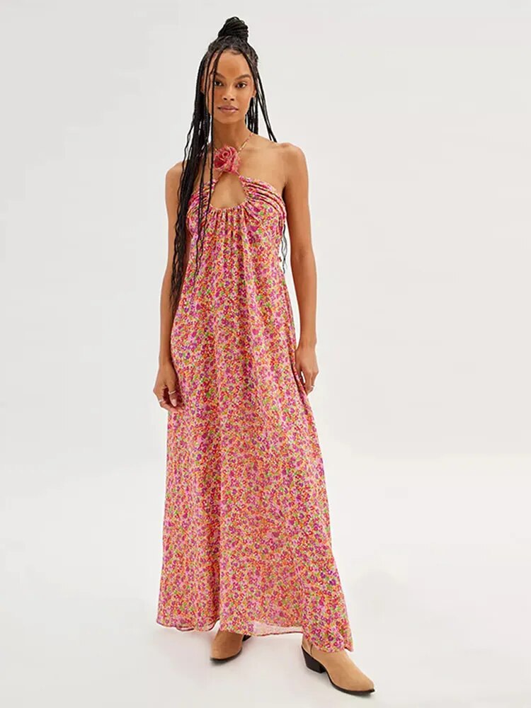 Summer Chic: Backless Floral Halter Maxi Dress for Women