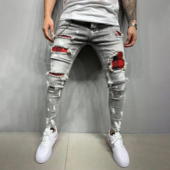 Streetwear Paneled Ripped Casual Denim Pants Popular Zipper